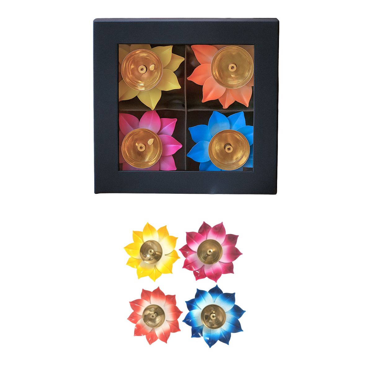 4 Pc Brass Diya Lotus Oil Lamp Set