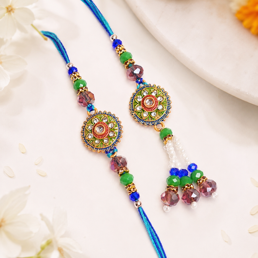 Designer Rakhi Set of 2 | Floral Stone Rakhi for Brother