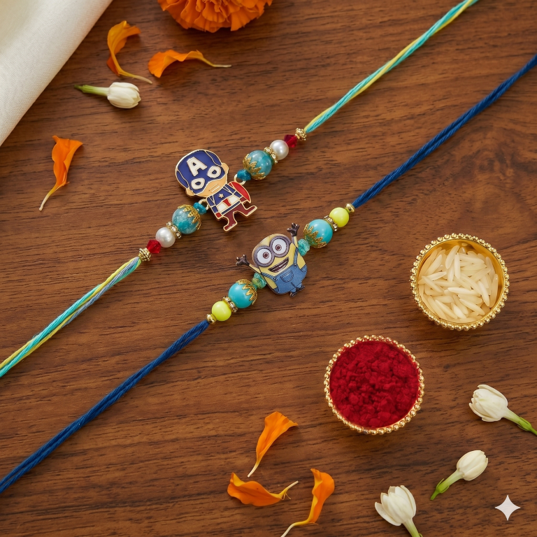Kids Cartoon Rakhi Set of 2 | Minion & Superhero Designer Rakhi for Brother