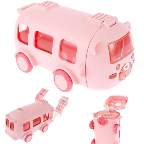 Bus Water Bottle For Kids With Strap, Sipper, & Straw | Leakproof, Bpa Free With Lock, 500 Ml | Tritan Water Bottle For School Kids | Cute Bus Shaped Water| (PINK-COLOR)