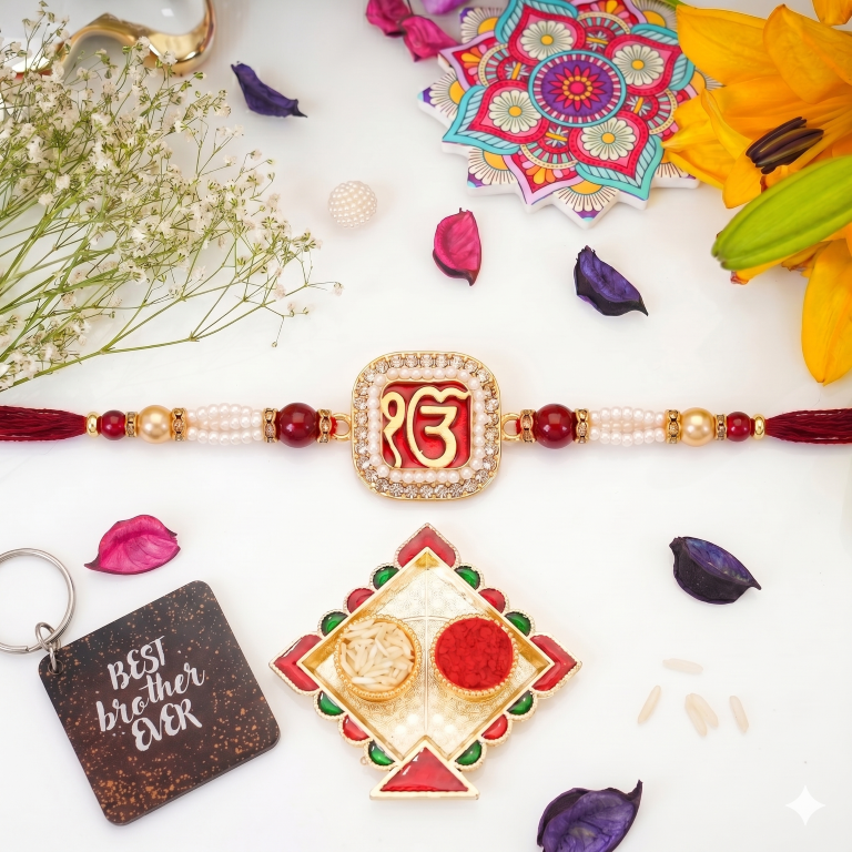 Rakhi Gift Set Brother with Ik Onkar Designer Rakhi, Roli Chawa, Sipra, Key Chain and chocolate box
