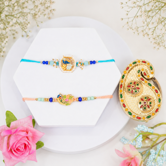 Set of 2 Bluebird & Peacock Rakhi Set for Brother, Bhai, Multicolor