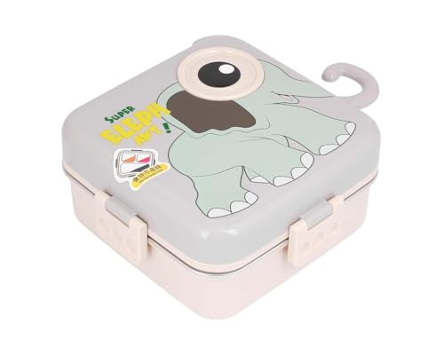 Cute Elephant Bento Lunch Box for Kids | 3 Compartment Leak-Proof BPA-Free Tiffin | Cartoon Elephant Design with Airtight Lid & Lock Clips | School, Travel & Picnic Lunch Container | Lunchbox (Grey) (1120ml + 70ml)