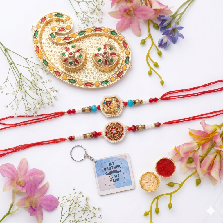 Set of 2 Ganesha Designer Rakhi Set for Brother, Bhai, Multicolor