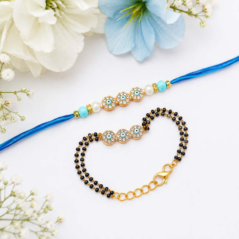 Bhai Bhabhi Rakhi Set | Evil Eye Rakhi & Black Bead Lumba Bracelet