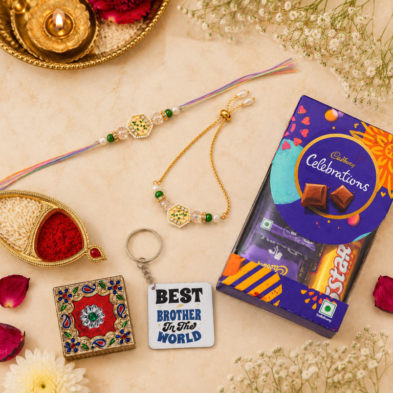Bhai Bhabhi Rakhi Set | Floral Designer Rakhi & Adjustable Lumba