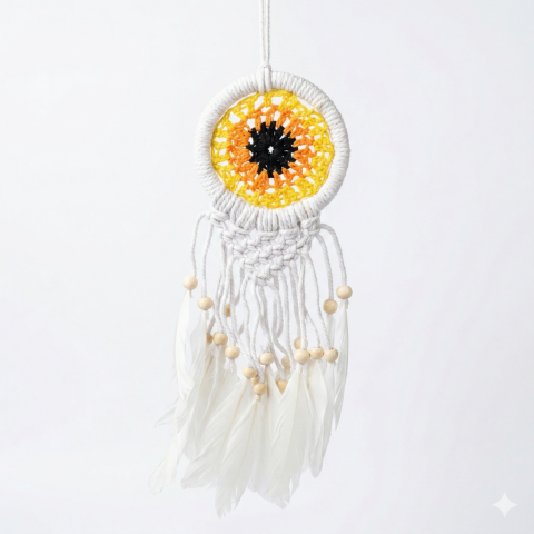 Handmade Evil Eye Dreamcatcher Wall Hanging – Blue & White Crochet Dream Catcher with Feathers & Beads – Boho Home Décor, Protection & Good Luck Charm