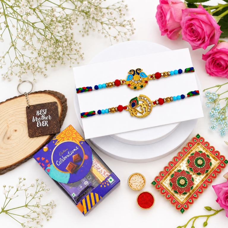 Rakhi Gift Set with 2 Peacock & Om Rakhi Set, Roli Chawa, Sipra, Key Chain and chocolate box