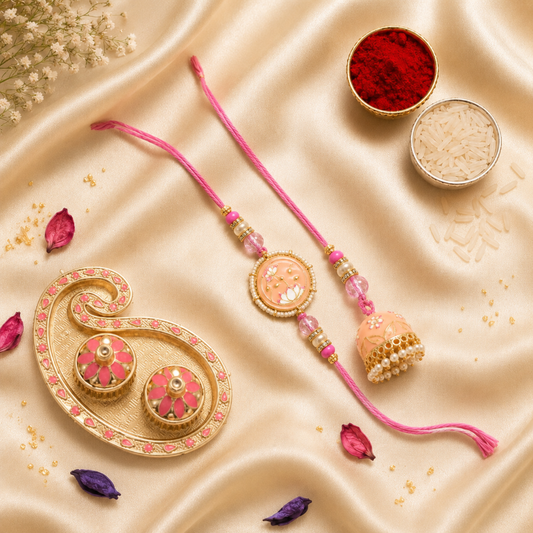 Bhai Bhabhi Rakhi Set | Pink Floral Rakhi with Designer Jhumki Lumba