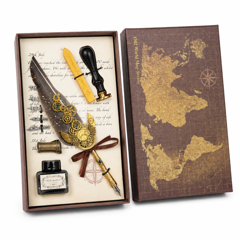 Harri Pott-er Style Feather Quill Pen Calligraphy Writing Set with Ink Bottle & Metal Nibs