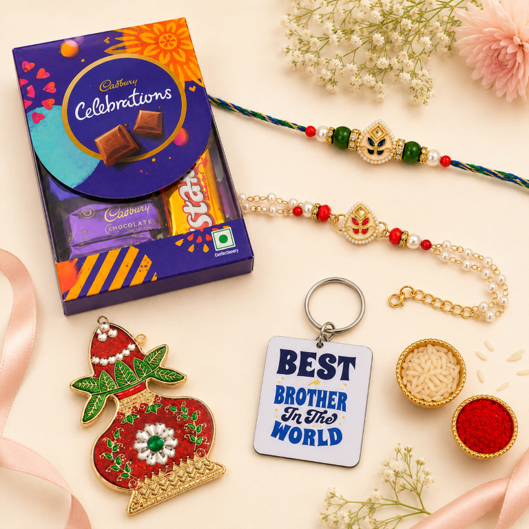 Bhai Bhabhi Rakhi Set | Designer Rakhi & Pearl Lumba Bracelet