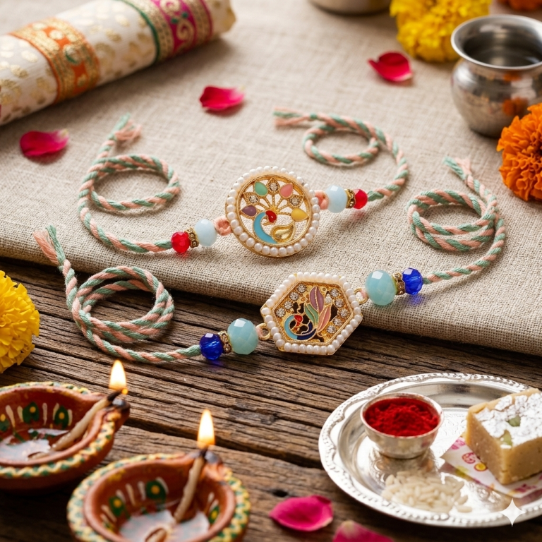 Rakhi Gift Set with 2 Pastel Bird Designer Rakhi Set, Roli Chawa, Sipra, Key Chain and chocolate box