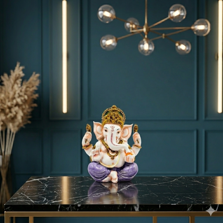 Serene White Marble Finish Lord Ganesha Idol - Elegant Purple & Gold Accents (13.5 cm) | Premium Gifting & Home Decor