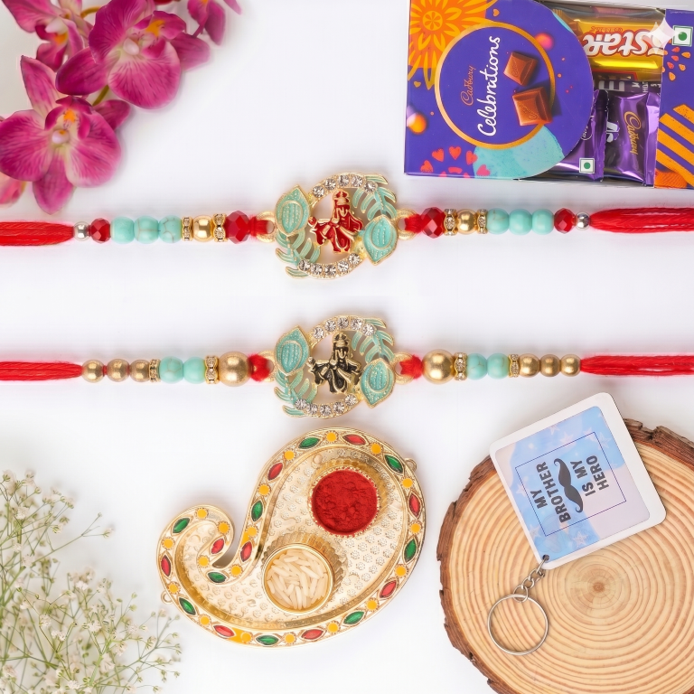 Rakhi Gift Set with 2 Lakshmi Ganesha Rakhi Set, Roli Chawa, Sipra, Key Chain and chocolate box