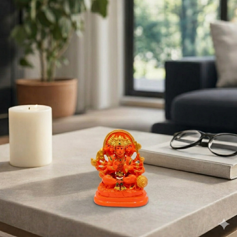 Divine Panchmukhi Hanuman Idol - Vibrant Saffron & Gold Finish (10 cm) | Five-Faced Bajrang Bali for Protection & Vastu
