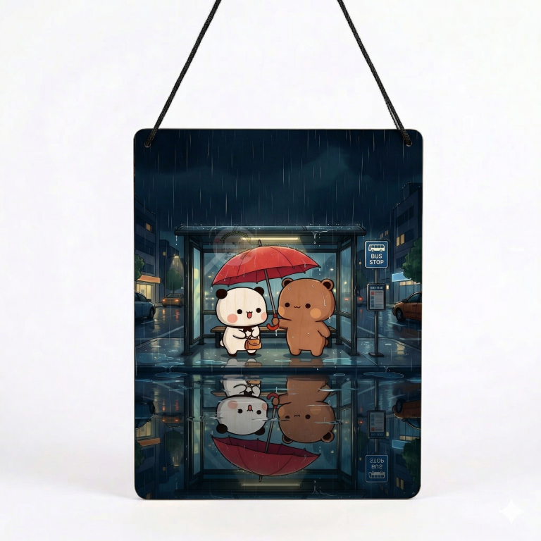 Rainy Night Bear Couple Wall Hanging | Aesthetic Romantic Room Decor