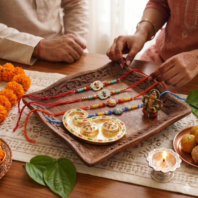 Rakhi Gift Set with 4 Radha Krishna Rakhi Set, Roli Chawa, Sipra, Key Chain and chocolate box