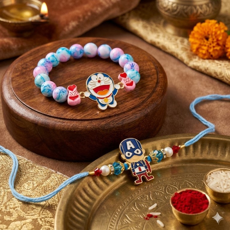 Doraemon & Captain Bracelet Bro Kids Rakhi Set of 2 Designer Rakhi for Brother
