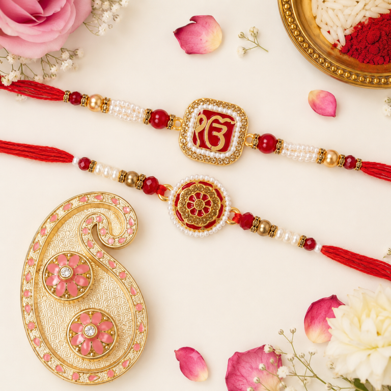 Rakhi Gift Set with 2 Ik Onkar & Mandala Rakhi Set, Roli Chawa, Sipra, Key Chain and chocolate box
