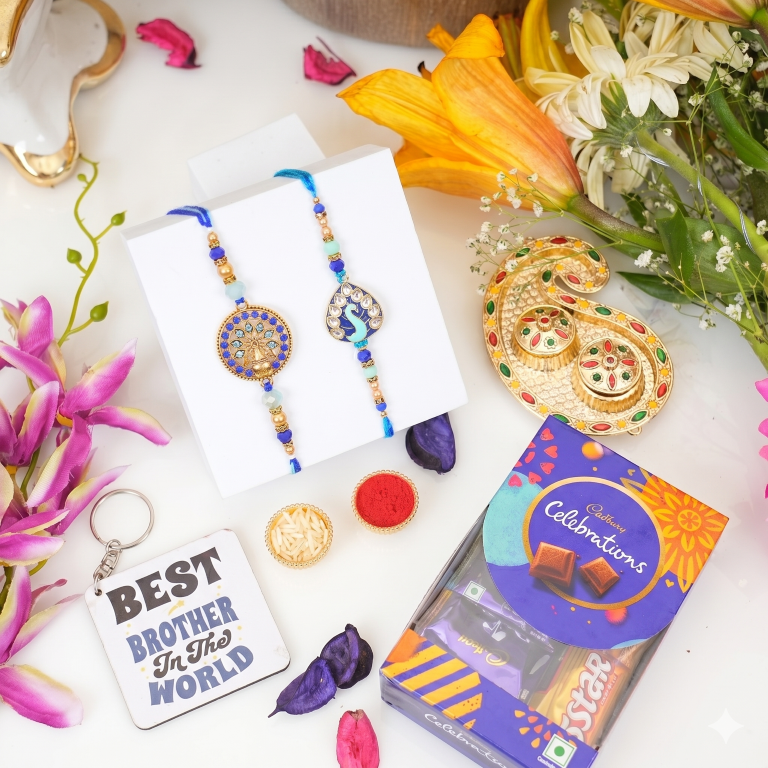 Set of 2 Royal Mandala & Peacock Rakhi Set for Brother & Bhavi, Multicolor