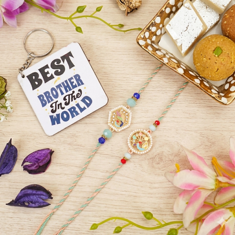 Rakhi Gift Set with 2 Pastel Bird Designer Rakhi Set, Roli Chawa, Sipra, Key Chain and chocolate box