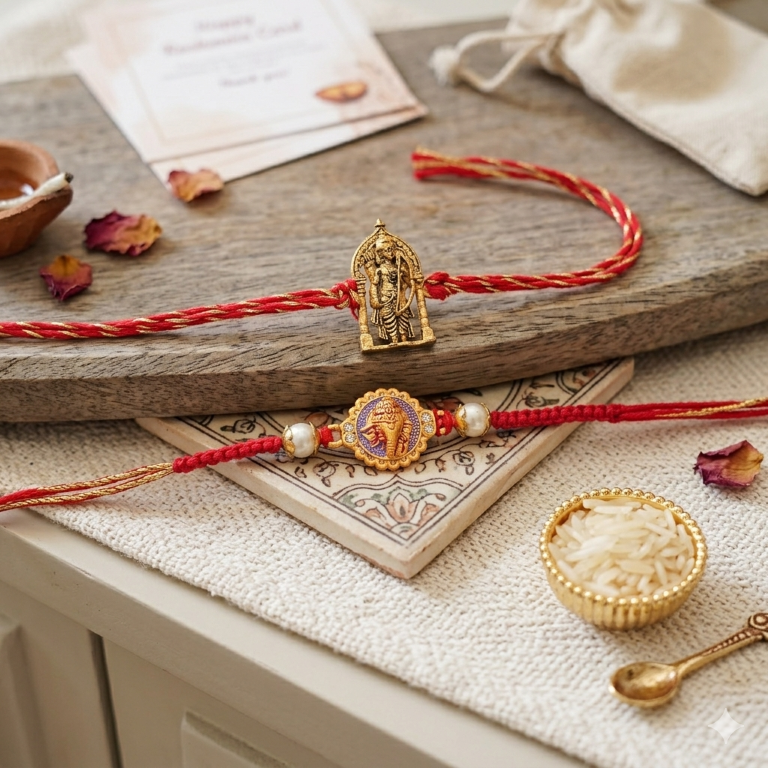 Rakhi Gift Set with 2 Divine Ram Lalla Rakhi Set, Roli Chawa, Sipra, Key Chain and chocolate box