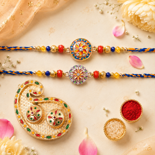 Rakhi Gift Set with 2 Twin Mandala Rakhi Pair, Roli Chawa, Sipra, Key Chain and chocolate box