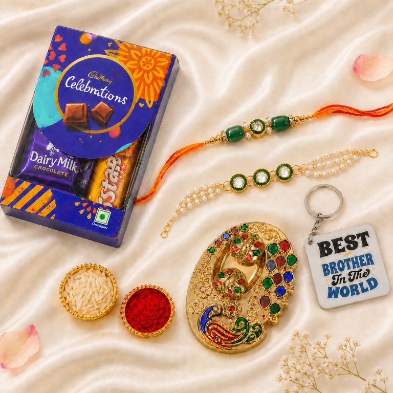 Bhai Bhabhi Rakhi Set | Green Stone Rakhi & Pearl Lumba Bracelet