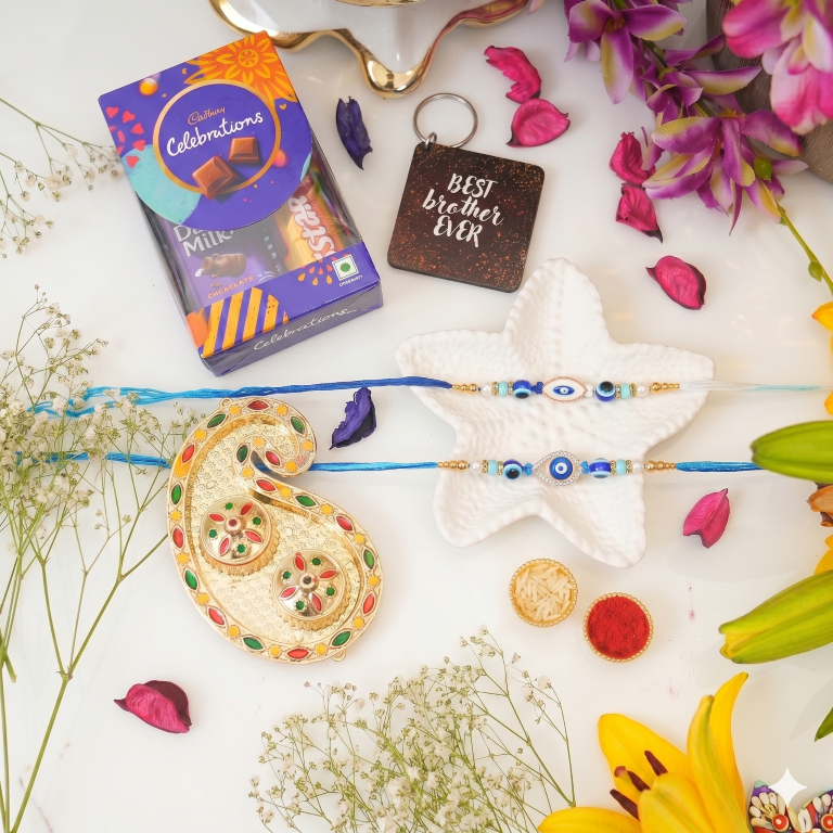 Set of 2 Evil Eye Designer Rakhi Set for Brother & Bhavi, Multicolor