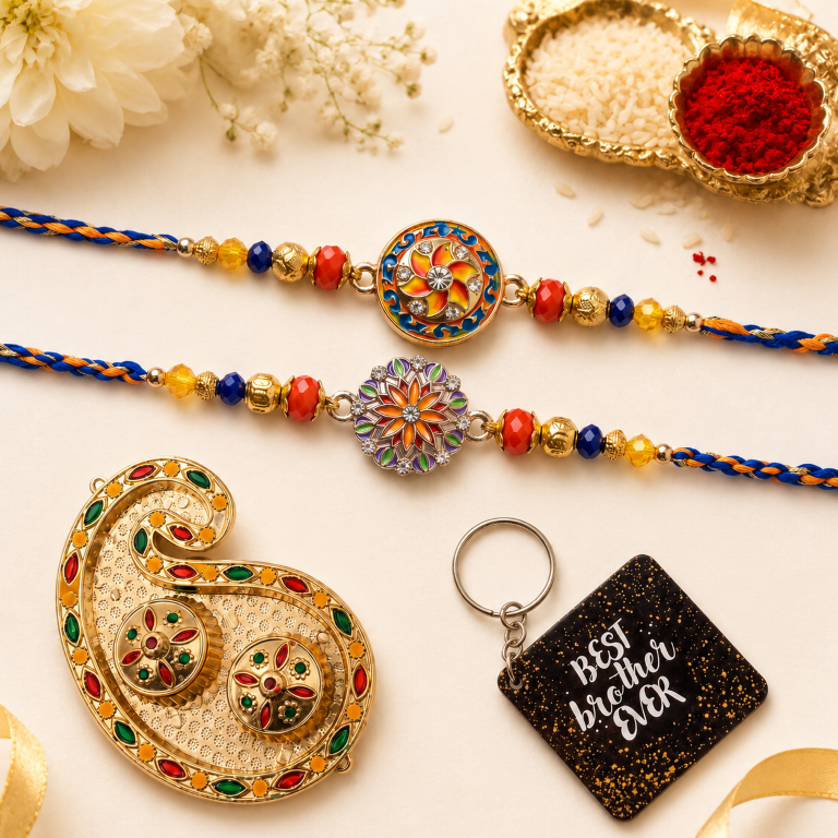 Rakhi Gift Set with 2 Twin Mandala Rakhi Pair, Roli Chawa, Sipra, Key Chain and chocolate box