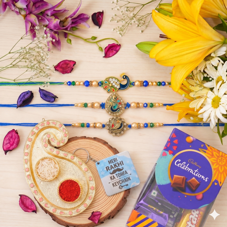 Rakhi Gift Set for Bhai with 3 Royal Peacock Rakhi Trio, Roli Chawa, Sipra, Key Chain and chocolate box