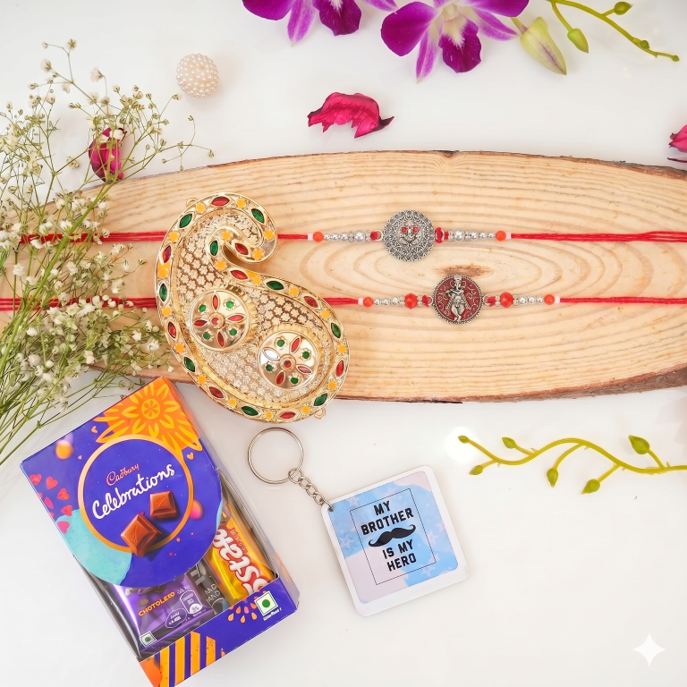 Rakhi Gift Set with 2 Divine Krishna Rakhi Set, Roli Chawa, Sipra, Key Chain and chocolate box
