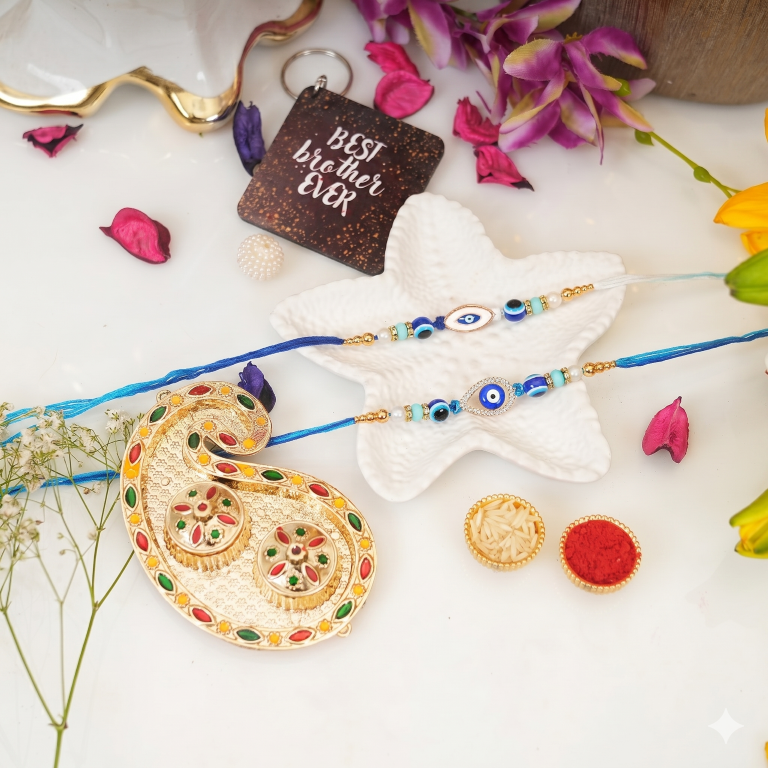 Set of 2 Evil Eye Designer Rakhi Set for Brother & Bhavi, Multicolor