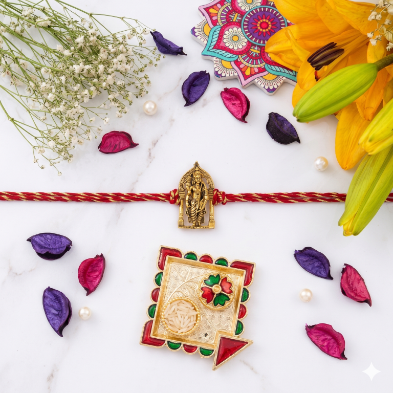 Rakhi Gift Set Brother with Tirupati Ram Lalla Rakhi, Roli Chawa, Sipra, Key Chain and chocolate box