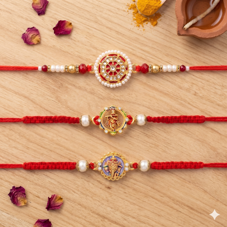 Rakhi Gift Set for Bhai with 3 Krishna Ganesha Rakhi Set, Roli Chawa, Sipra, Key Chain and chocolate box