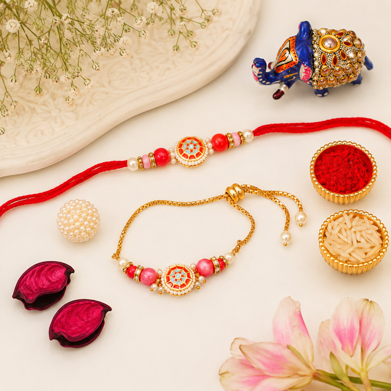 Bhai Bhabhi Rakhi Set | Designer Rakhi & Adjustable Lumba Bracelet