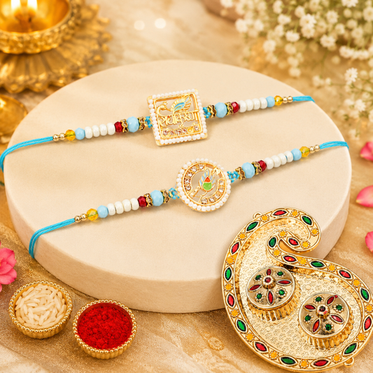 Set of 2 Radha Krishna Rakhi Set for Brother & Bhavi, Multicolor