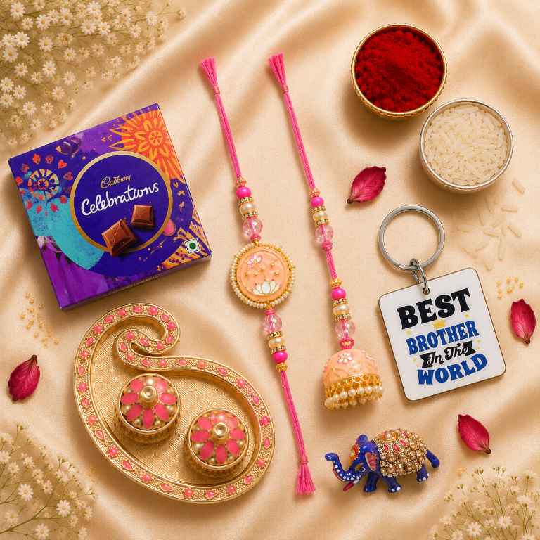 Bhai Bhabhi Rakhi Set | Pink Floral Rakhi with Designer Jhumki Lumba