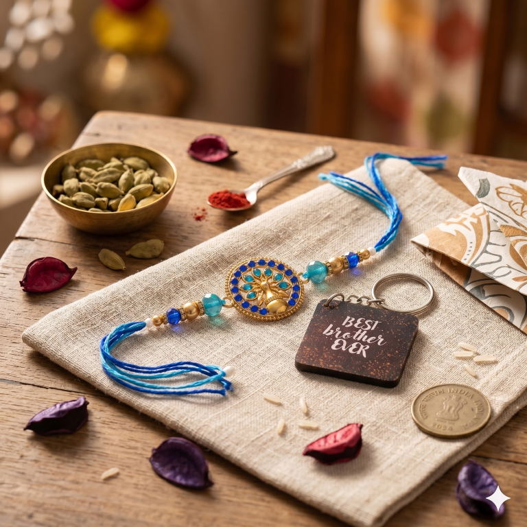 Rakhi Gift Set Brother with Life Tree Rakhi, Roli Chawa, Sipra, Key Chain and chocolate box