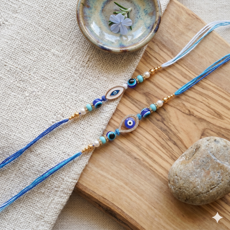 Set of 2 Evil Eye Designer Rakhi Set for Brother & Bhavi, Multicolor