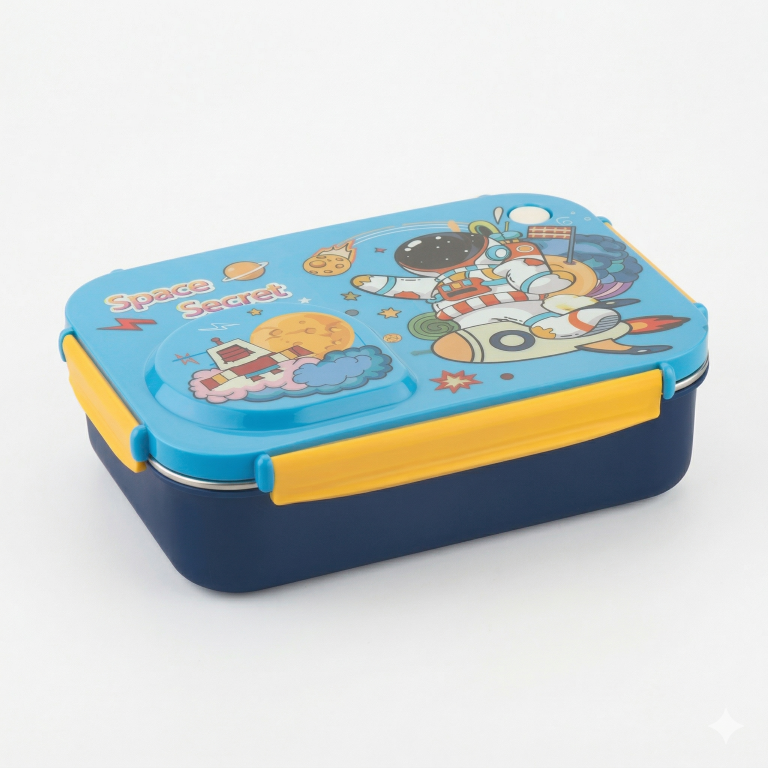 Steel Lunch Lunch Box, 750 ml with 150ml Bowl, BPA Free and Leak Proof, 3 Compartment airtight, with a Spoon & Chopsticks,Astronaut & Rocket Design, Pink, Premium Lunch Box