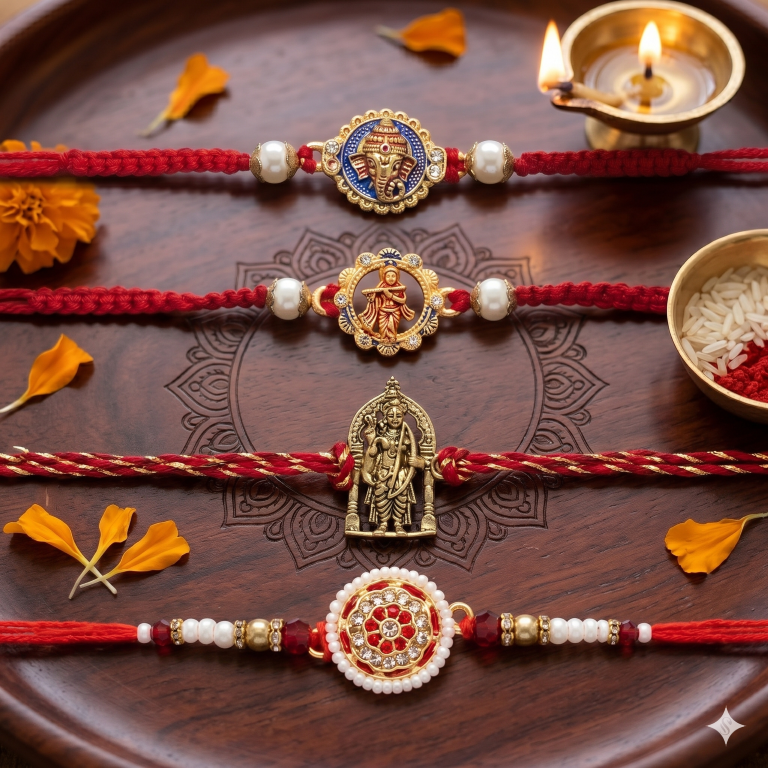 Set of 4 Premium Divine Rakhi Set for Brother, Bhai, Multicolor