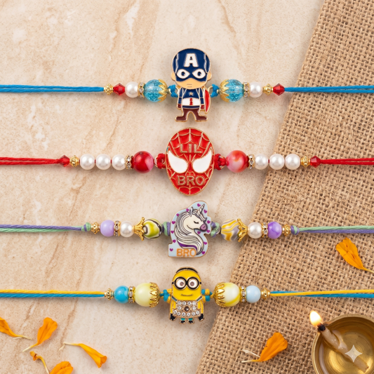 Captain, Lil Bro, Unicorn & Minion Kids Rakhi Set of 4 Designer Rakhi for Brother