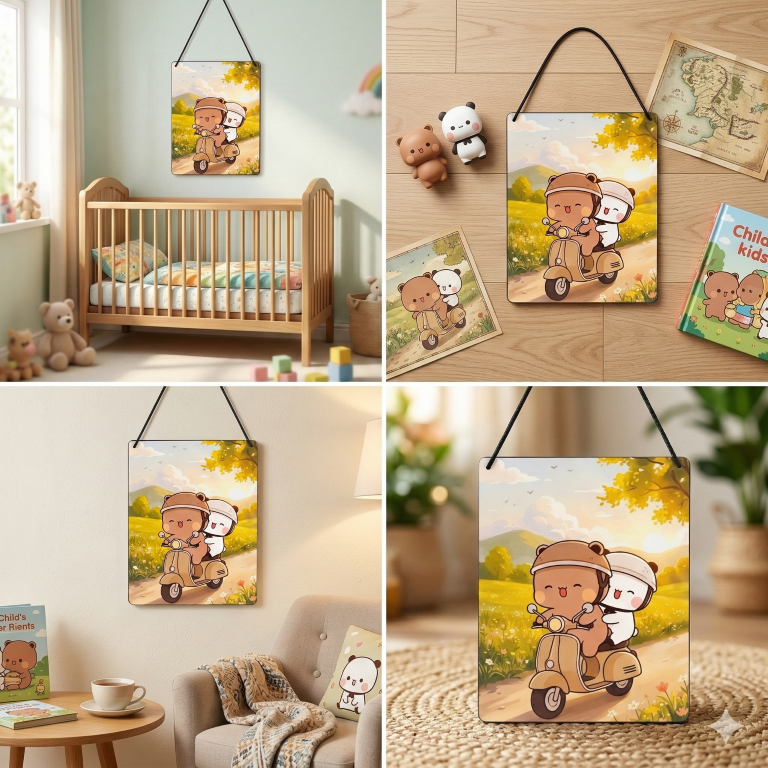 Cute Bear Couple Scooter Ride Wall Hanging | Aesthetic Room Decor