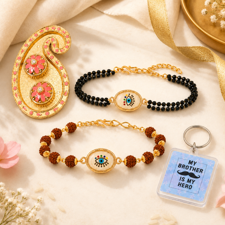Bhai Bhabhi Rakhi Set | Evil Eye Rakhi & Rudraksha Lumba Bracelet