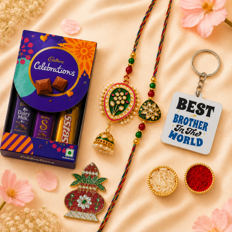 Bhai Bhabhi Rakhi Set | Green Floral Rakhi with Designer Jhumki Lumba