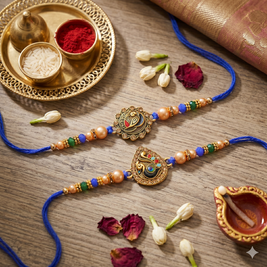 Set of 2 Swan & Peacock Rakhi Set for Brother, Bhai, Multicolor