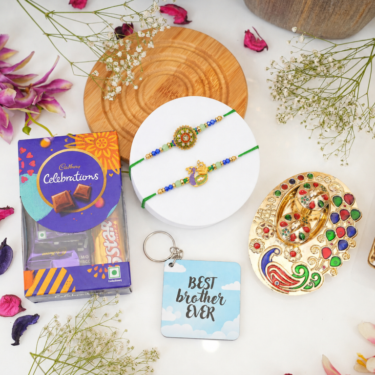 Rakhi Gift Set with 2 Mandala & Peacock Rakhi Set, Roli Chawa, Sipra, Key Chain and chocolate box