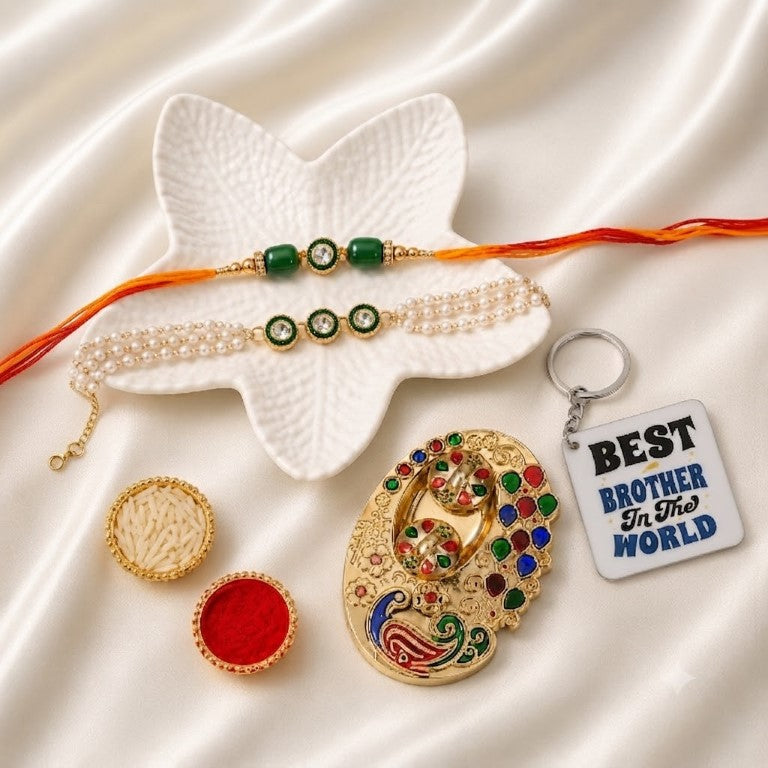Bhai Bhabhi Rakhi Set | Green Stone Rakhi & Pearl Lumba Bracelet