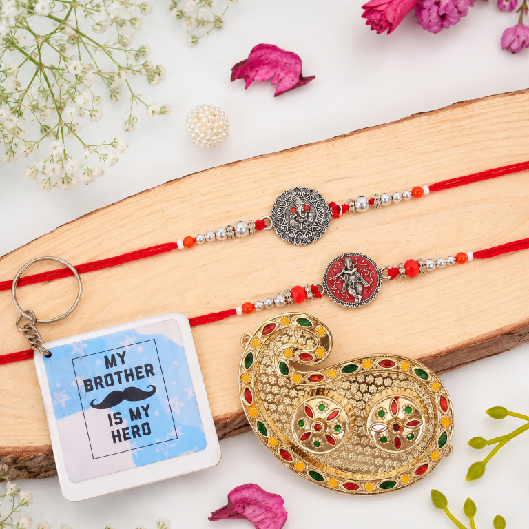 Rakhi Gift Set with 2 Divine Krishna Rakhi Set, Roli Chawa, Sipra, Key Chain and chocolate box